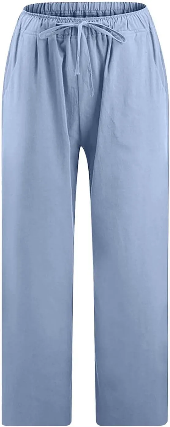 Linen Pants Women Petite Length Womens Linen Pants Casual Straight Fit Elastic Waisted Drawsting Trousers Pockets