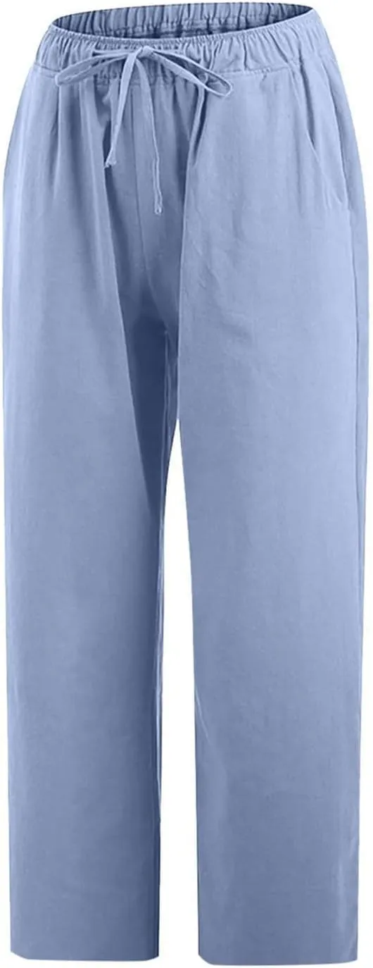 Linen Pants Women Petite Length Womens Linen Pants Casual Straight Fit Elastic Waisted Drawsting Trousers Pockets