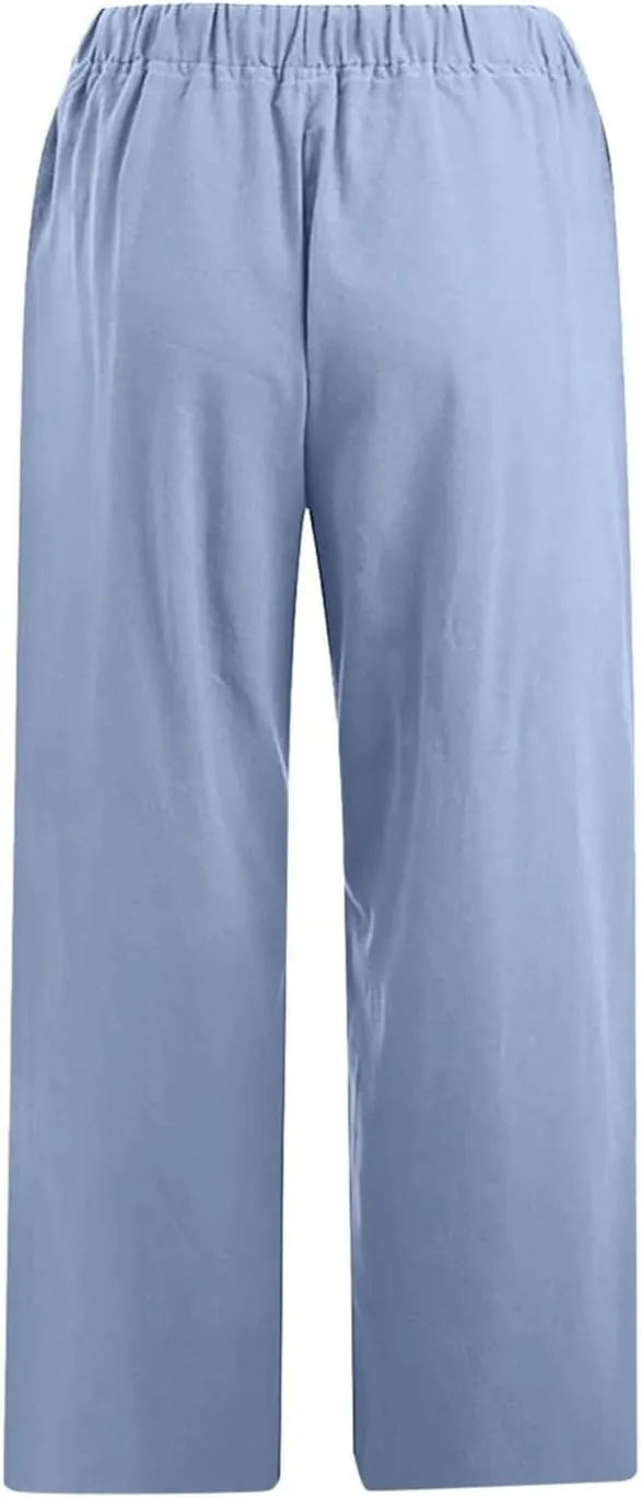 Linen Pants Women Petite Length Womens Linen Pants Casual Straight Fit Elastic Waisted Drawsting Trousers Pockets
