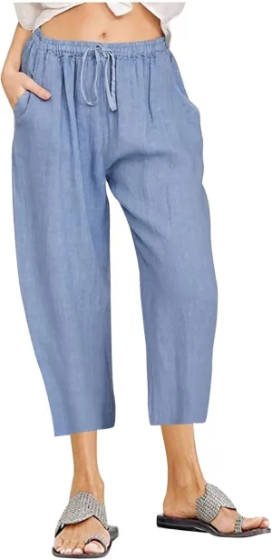 Linen Pants Women Petite Length Womens Linen Pants Casual Straight Fit Elastic Waisted Drawsting Trousers Pockets