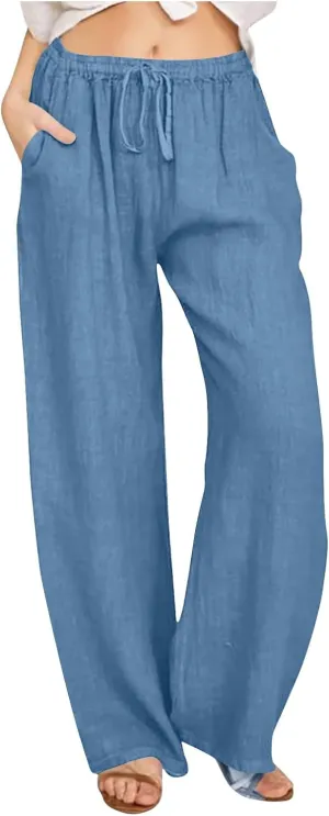 Linen Pants Women Summer 2024 Casual Drawstring Elastic Waist Cotton Long Wide Leg Pant Lounge Trousers with Pockets