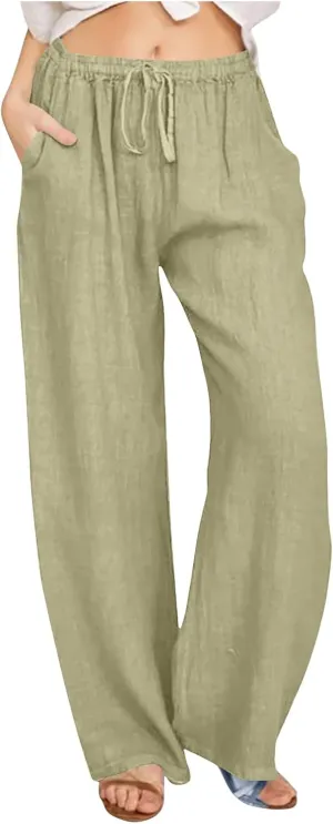 Linen Pants Women Summer 2024 Casual Drawstring Elastic Waist Cotton Long Wide Leg Pant Lounge Trousers with Pockets