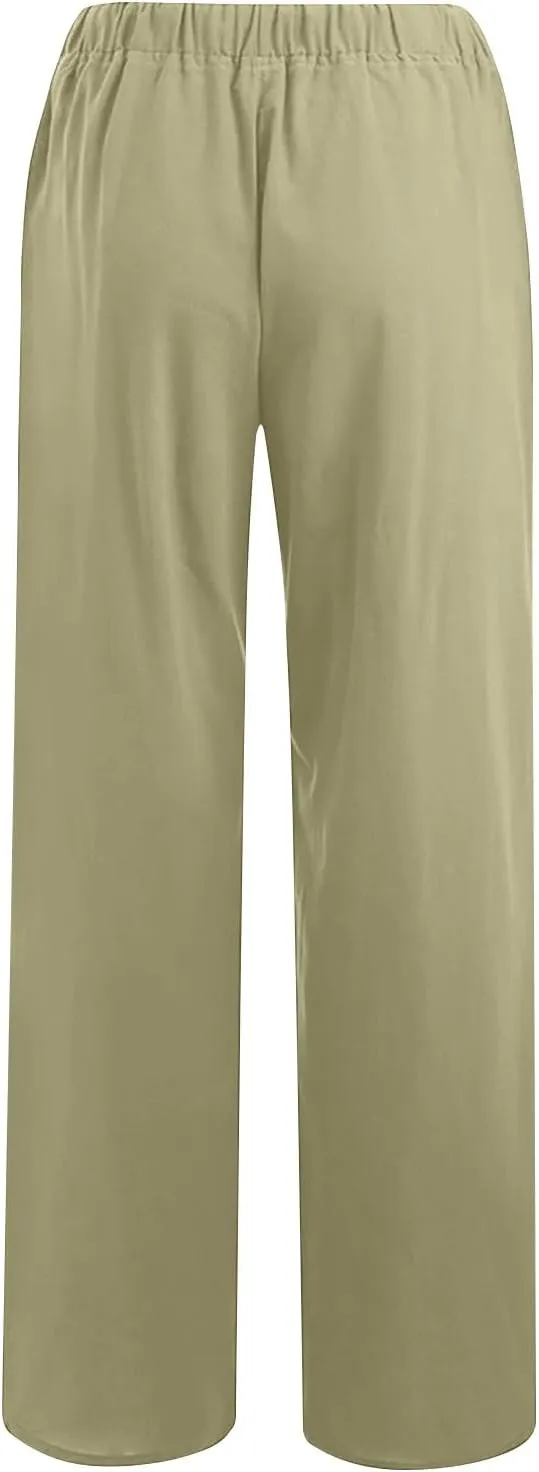 Linen Pants Women Summer 2024 Casual Drawstring Elastic Waist Cotton Long Wide Leg Pant Lounge Trousers with Pockets