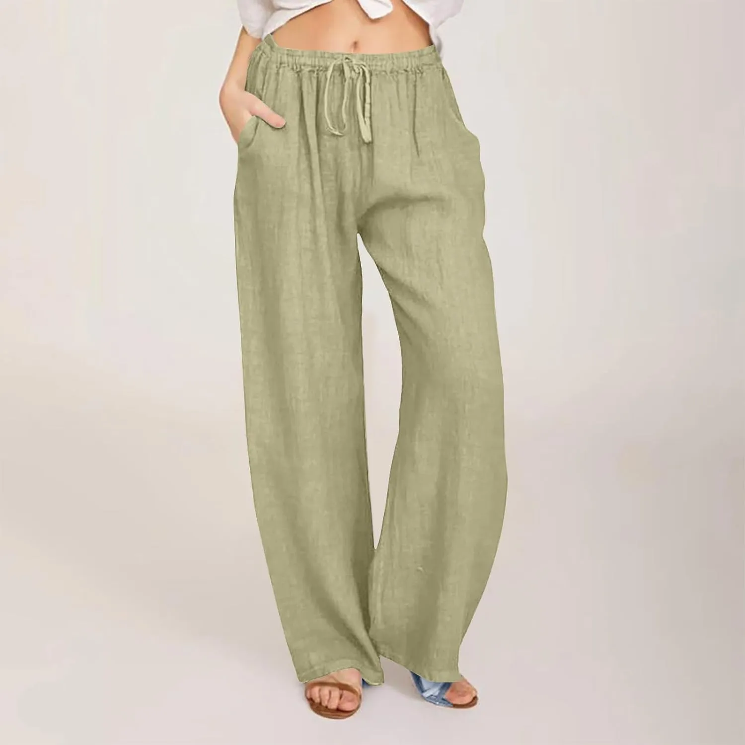 Linen Pants Women Summer 2024 Casual Drawstring Elastic Waist Cotton Long Wide Leg Pant Lounge Trousers with Pockets