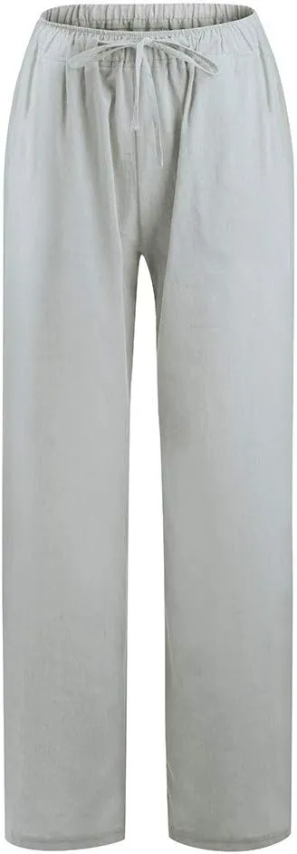Linen Pants Women Summer 2024 Casual Drawstring Elastic Waist Cotton Long Wide Leg Pant Lounge Trousers with Pockets
