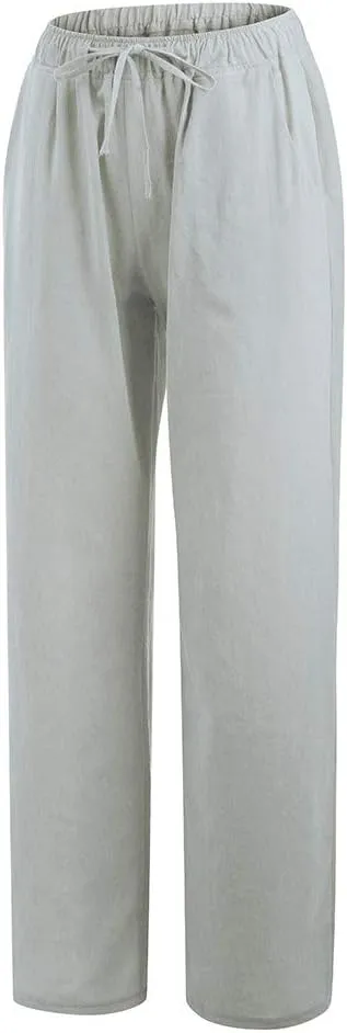 Linen Pants Women Summer 2024 Casual Drawstring Elastic Waist Cotton Long Wide Leg Pant Lounge Trousers with Pockets