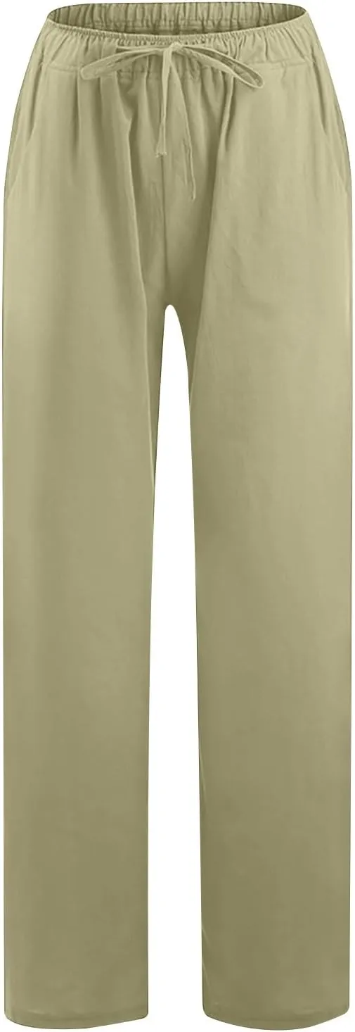 Linen Pants Women Summer 2024 Casual Drawstring Elastic Waist Cotton Long Wide Leg Pant Lounge Trousers with Pockets