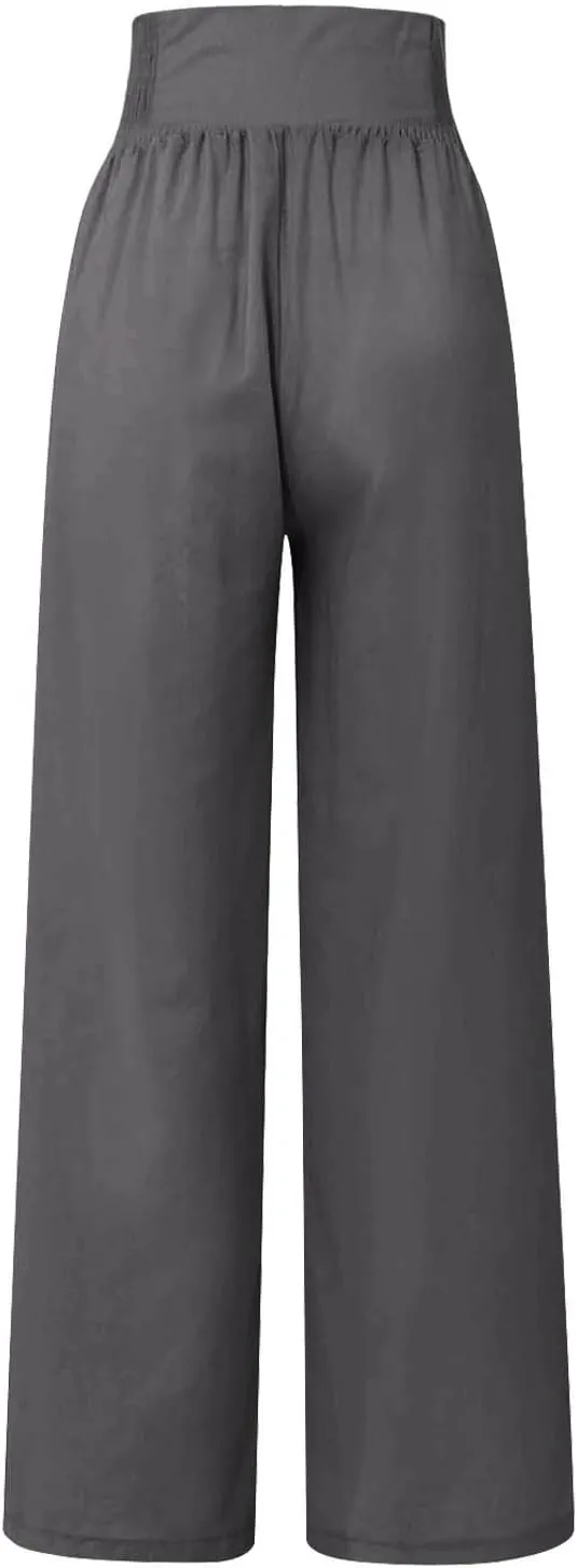 Linen Pants Women Summer Baggy Casual Wide Leg Pants Flowy Palazzo Beach Pants High Waist Work Trousers with Pockets