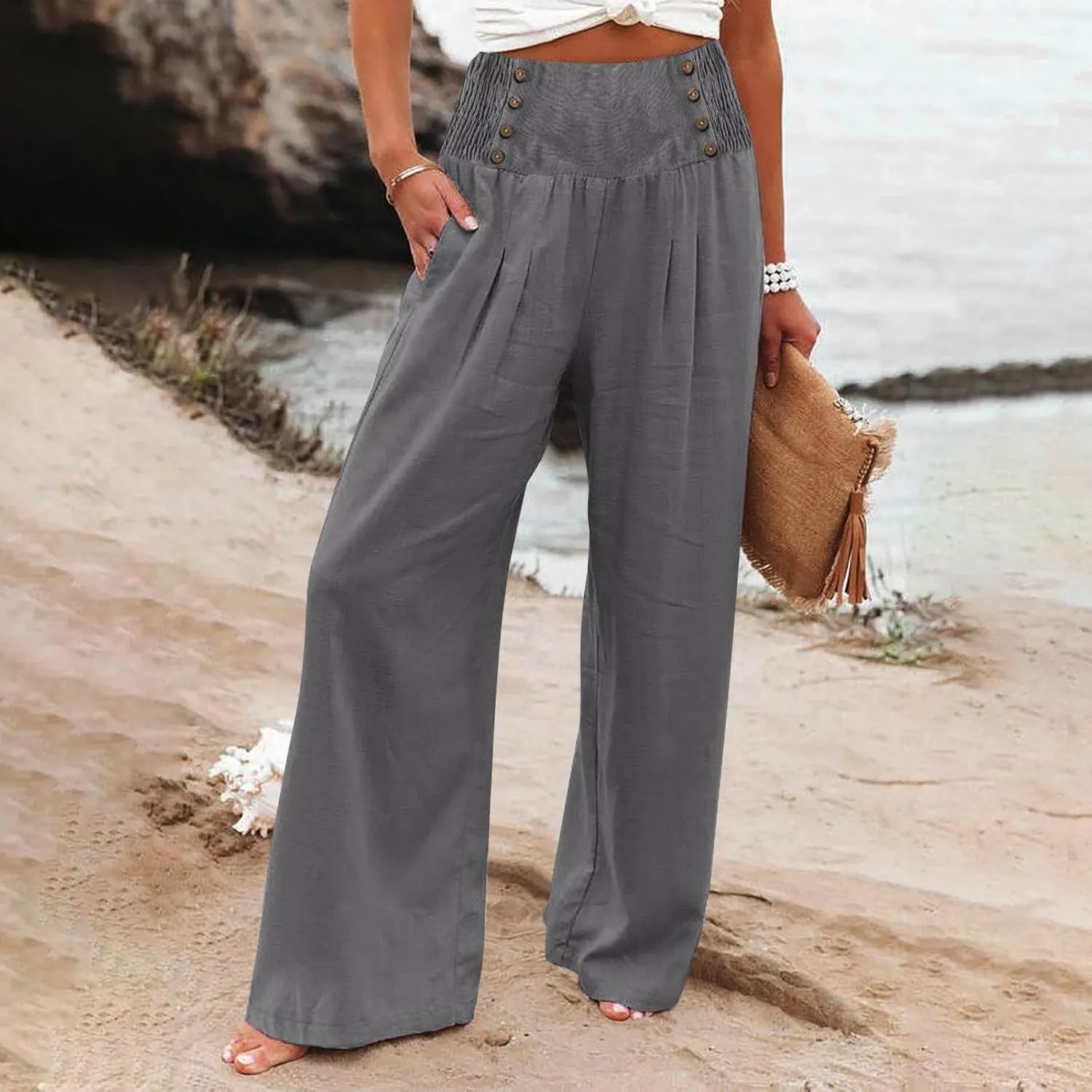 Linen Pants Women Summer Baggy Casual Wide Leg Pants Flowy Palazzo Beach Pants High Waist Work Trousers with Pockets
