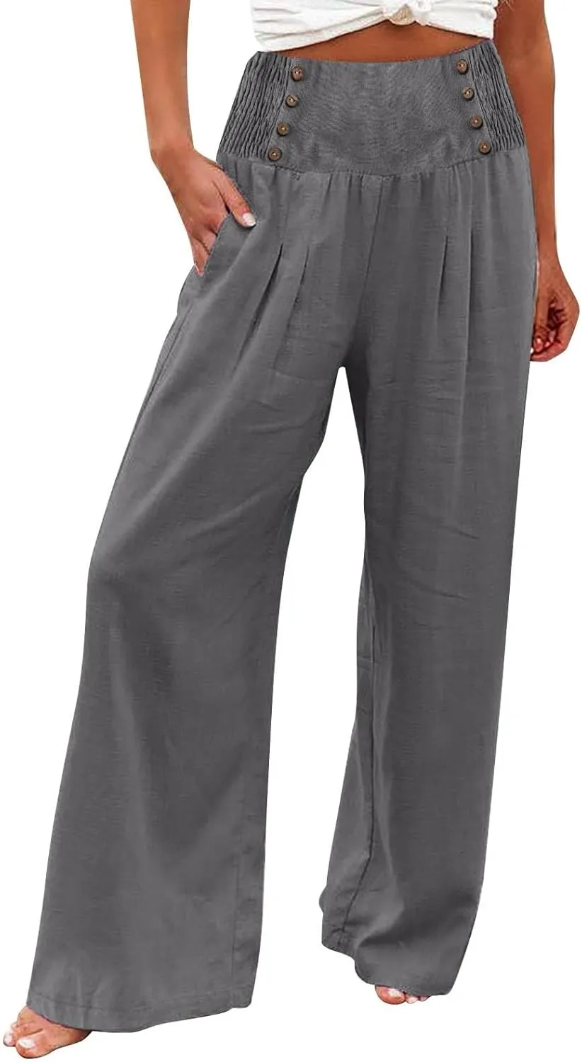 Linen Pants Women Summer Baggy Casual Wide Leg Pants Flowy Palazzo Beach Pants High Waist Work Trousers with Pockets