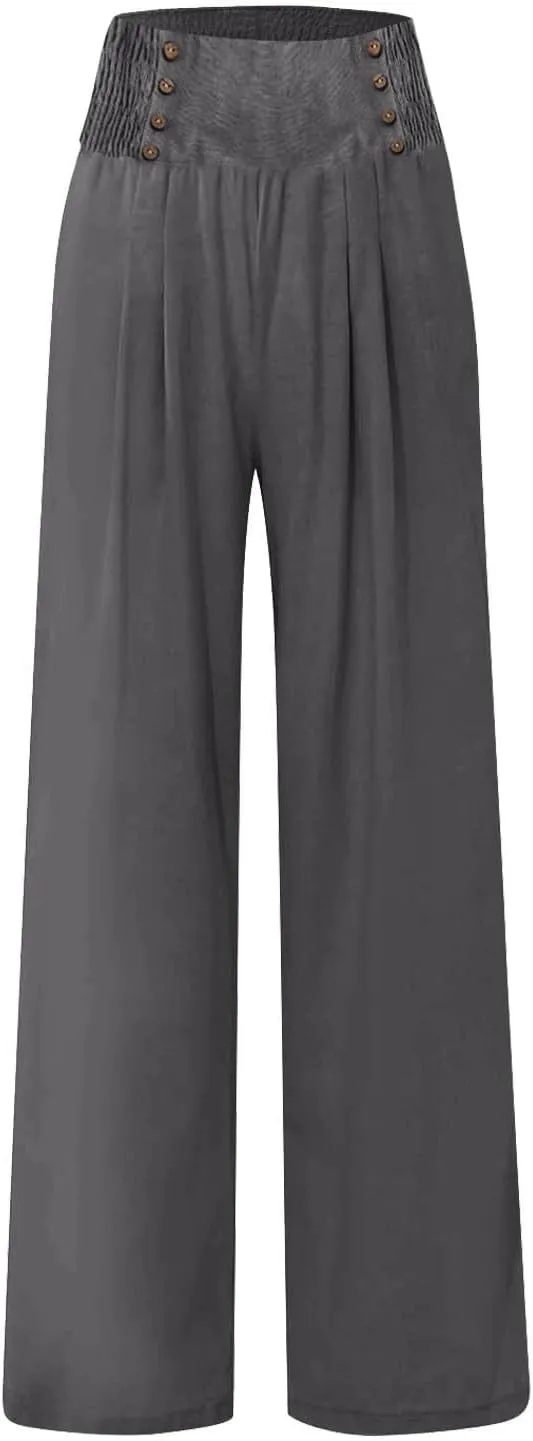 Linen Pants Women Summer Baggy Casual Wide Leg Pants Flowy Palazzo Beach Pants High Waist Work Trousers with Pockets