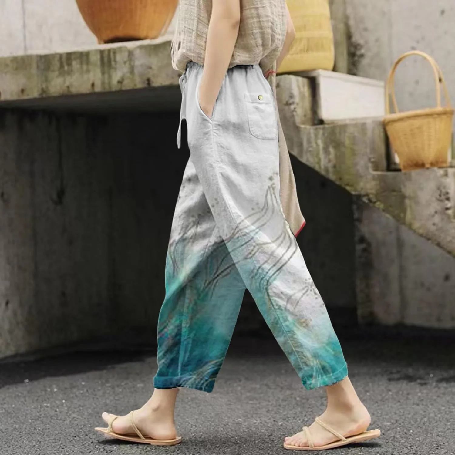 Linen Pants Women Summer Casual Drawstring Pants Summer Boho Wide Leg Women's Clothing Womens