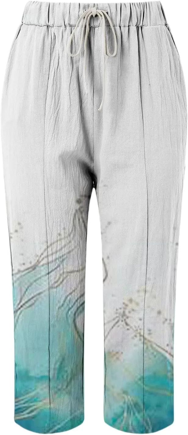 Linen Pants Women Summer Casual Drawstring Pants Summer Boho Wide Leg Women's Clothing Womens