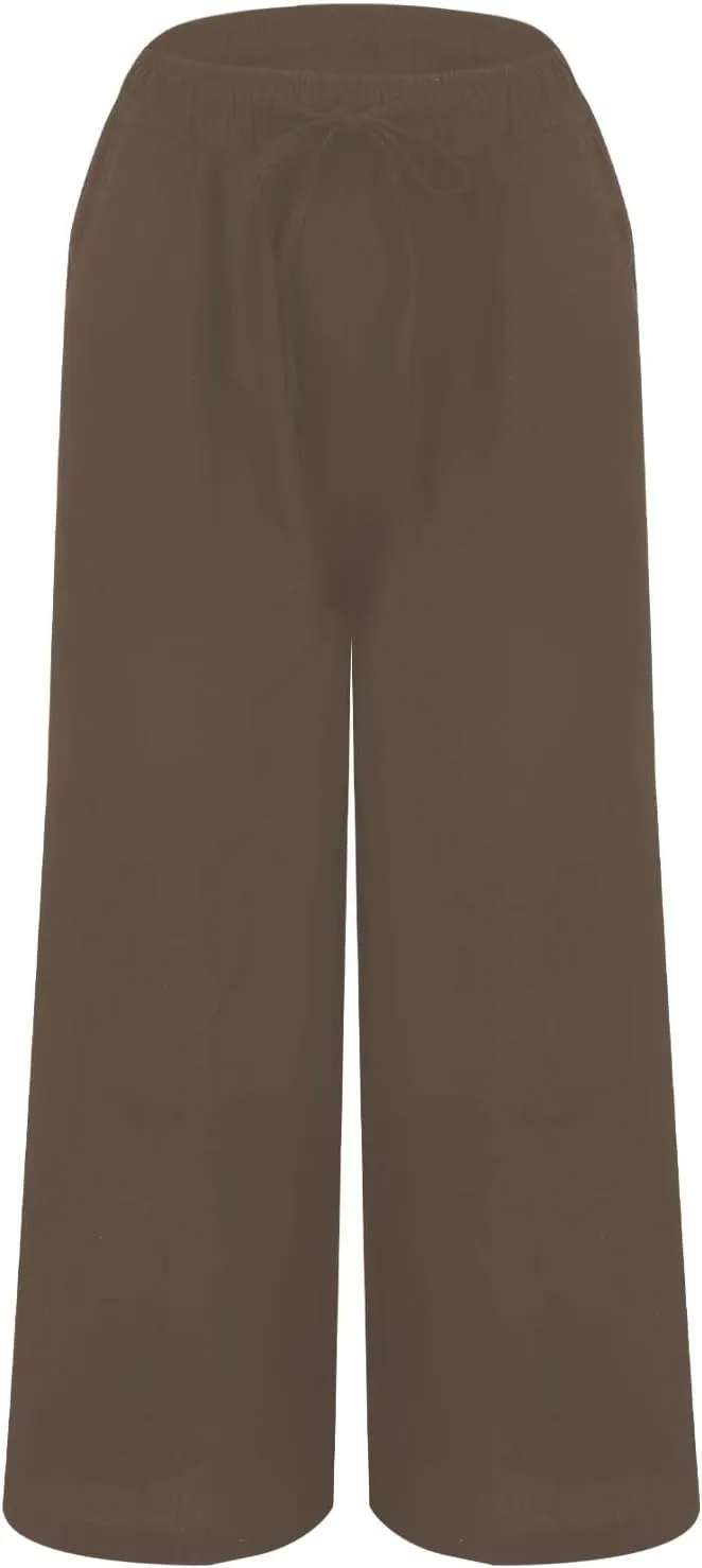 Linen Pants Women Summer Drawstring Waist Wide Leg Pant Loose Cotton Relax Palazzo Trousers Casual Beach Long Clothes