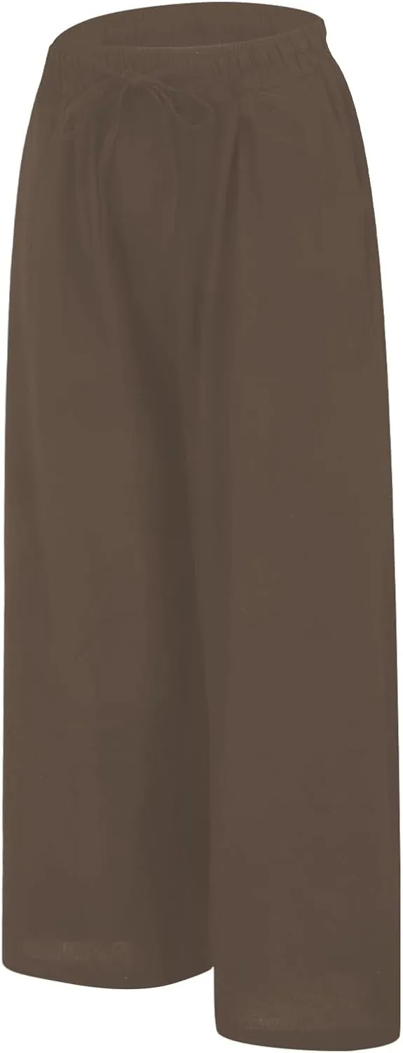 Linen Pants Women Summer Drawstring Waist Wide Leg Pant Loose Cotton Relax Palazzo Trousers Casual Beach Long Clothes