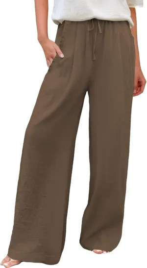 Linen Pants Women Summer Drawstring Waist Wide Leg Pant Loose Cotton Relax Palazzo Trousers Casual Beach Long Clothes