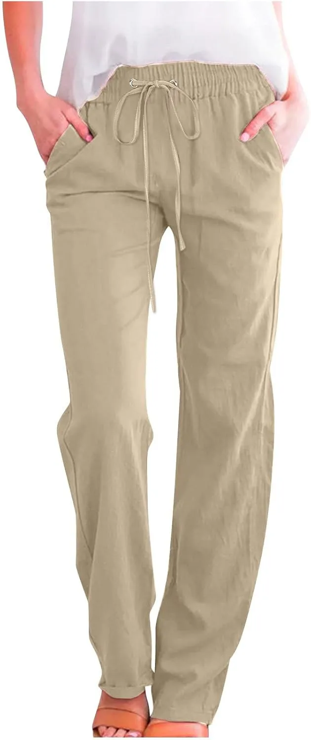 Linen Pants Women Summer Loose Mid Waisted Breathable Trousers Casual Fall Long Comfy Lounge Pants with Pockets