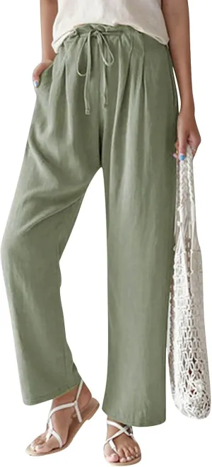Linen Pants Women Summer Ruffle High Waisted Plus Size Wide Leg Pants Baggy Lounge Trousers with Pockets S-5Xl