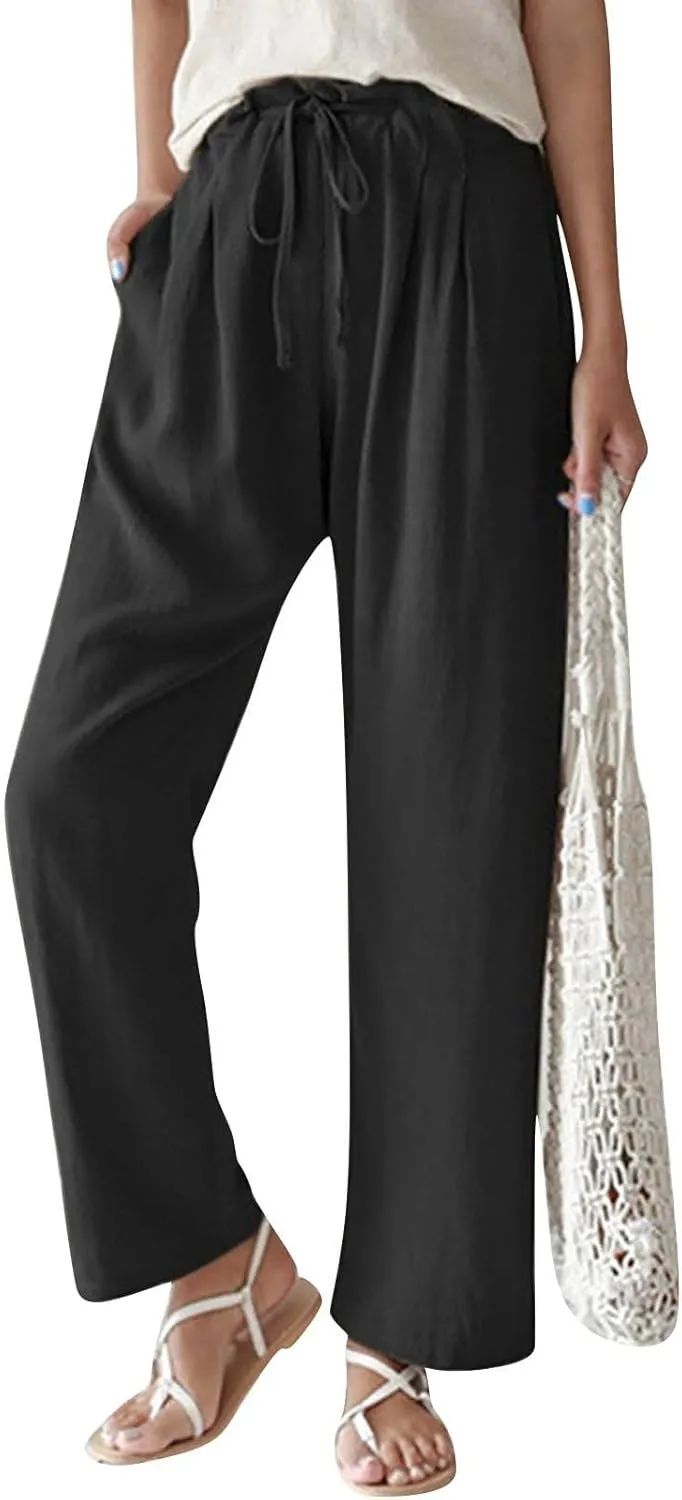 Linen Pants Women Summer Ruffle High Waisted Plus Size Wide Leg Pants Baggy Lounge Trousers with Pockets S-5Xl