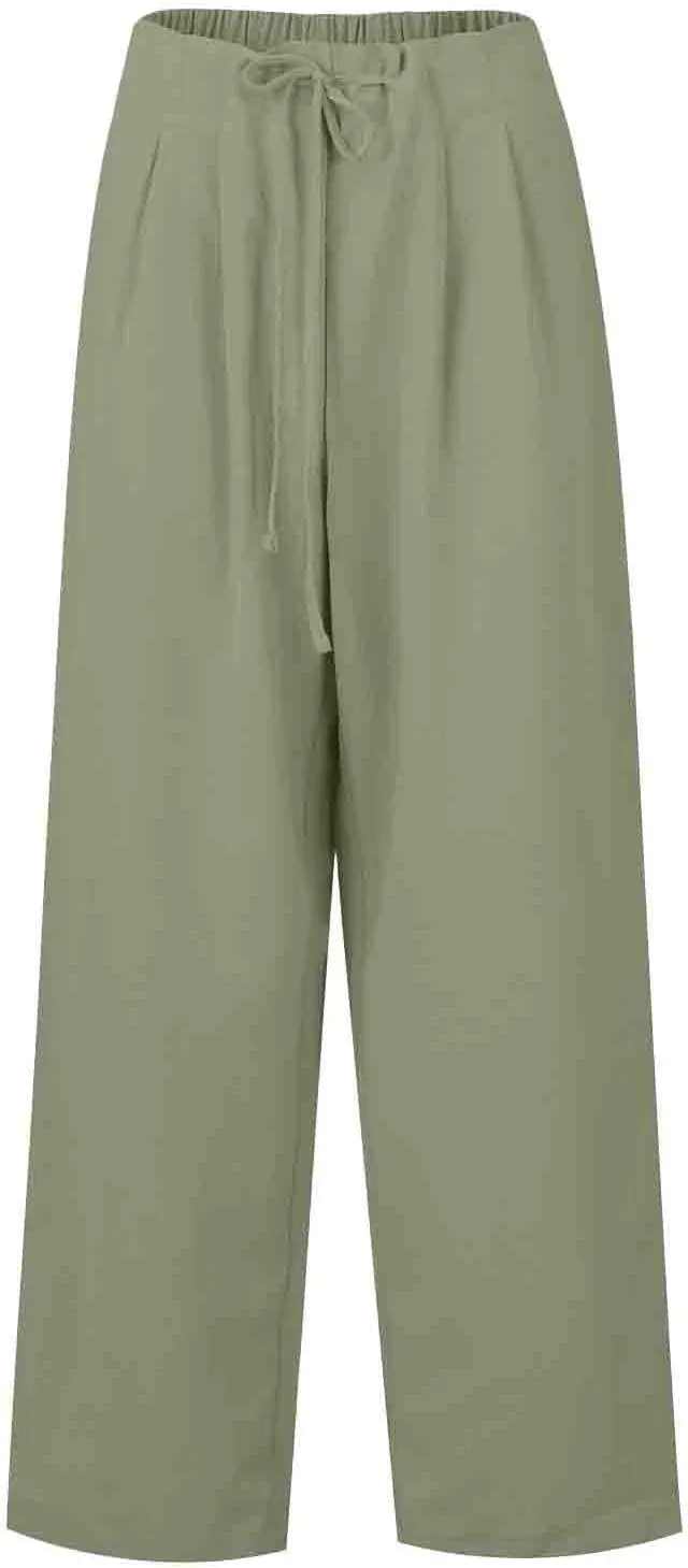 Linen Pants Women Summer Ruffle High Waisted Plus Size Wide Leg Pants Baggy Lounge Trousers with Pockets S-5Xl