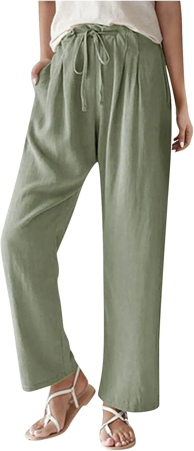Linen Pants Women Summer Ruffle High Waisted Plus Size Wide Leg Pants Baggy Lounge Trousers with Pockets S-5Xl