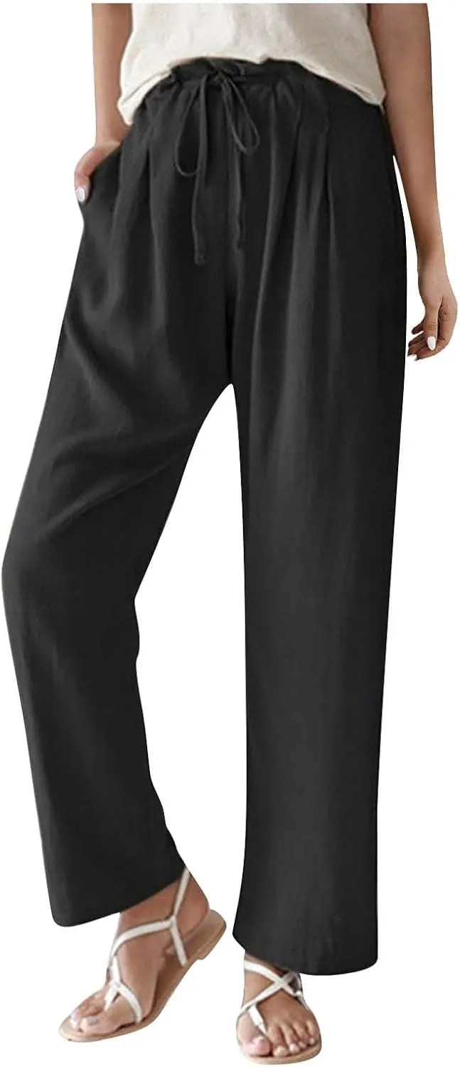 Linen Pants Women Summer Ruffle High Waisted Plus Size Wide Leg Pants Baggy Lounge Trousers with Pockets S-5Xl
