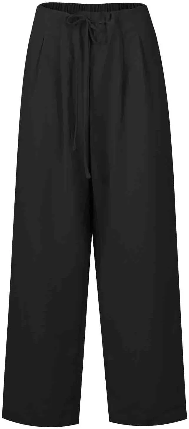 Linen Pants Women Summer Ruffle High Waisted Plus Size Wide Leg Pants Baggy Lounge Trousers with Pockets S-5Xl