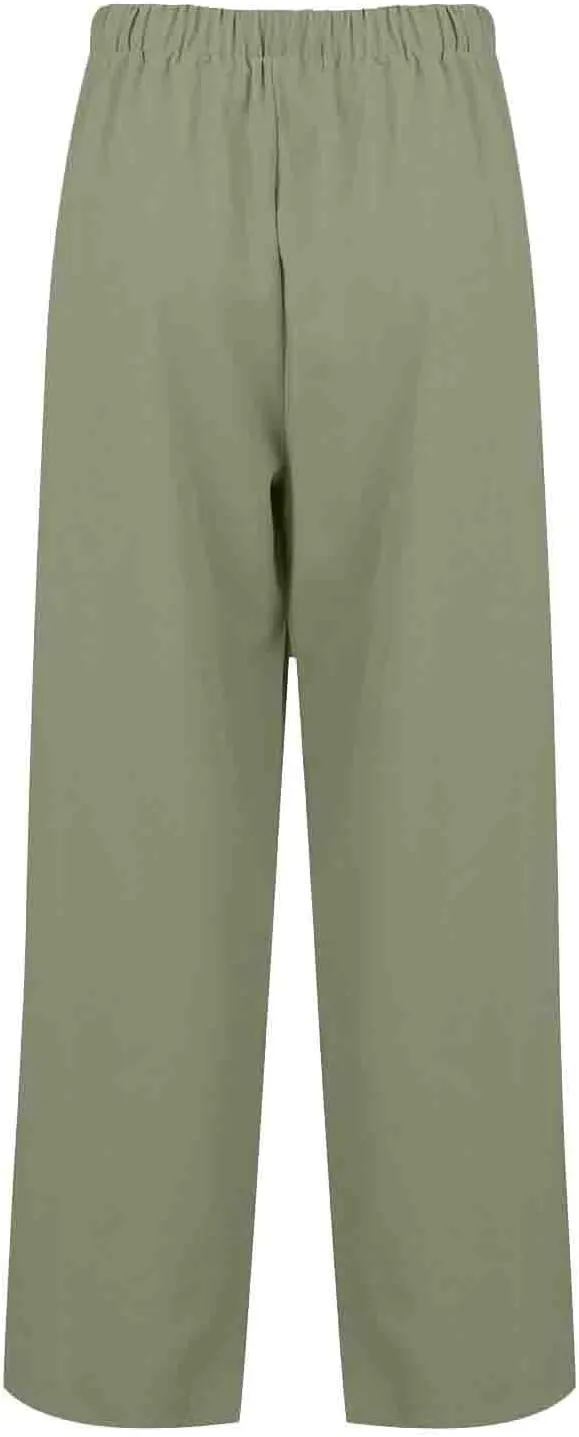 Linen Pants Women Summer Ruffle High Waisted Plus Size Wide Leg Pants Baggy Lounge Trousers with Pockets S-5Xl