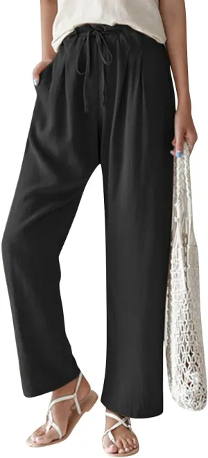 Linen Pants Women Summer Ruffle High Waisted Plus Size Wide Leg Pants Baggy Lounge Trousers with Pockets S-5Xl