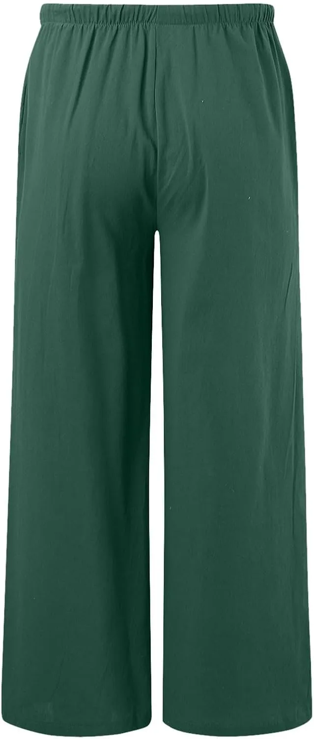 Linen Pants Women Summer,Wide Leg Casual Cotton Linen Pants High Waisted Drawstring Lounge Pants Beach Trousers