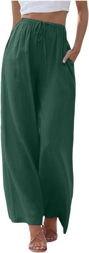 Linen Pants Women Summer,Wide Leg Casual Cotton Linen Pants High Waisted Drawstring Lounge Pants Beach Trousers