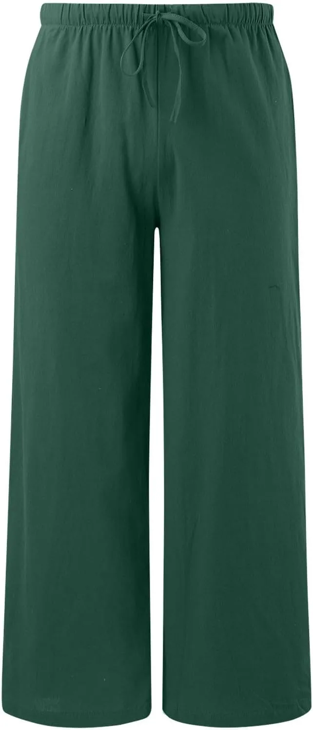 Linen Pants Women Summer,Wide Leg Casual Cotton Linen Pants High Waisted Drawstring Lounge Pants Beach Trousers