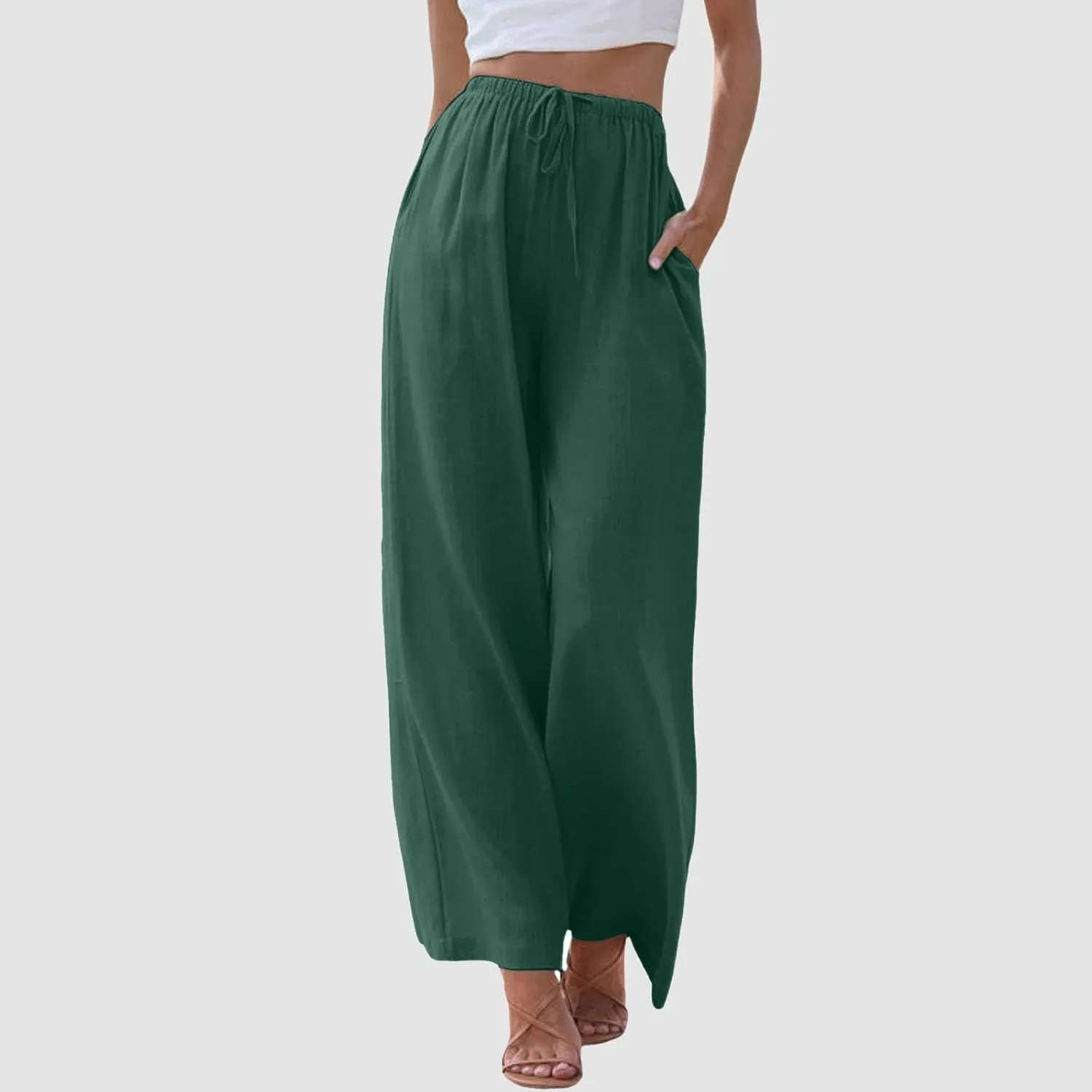 Linen Pants Women Summer,Wide Leg Casual Cotton Linen Pants High Waisted Drawstring Lounge Pants Beach Trousers
