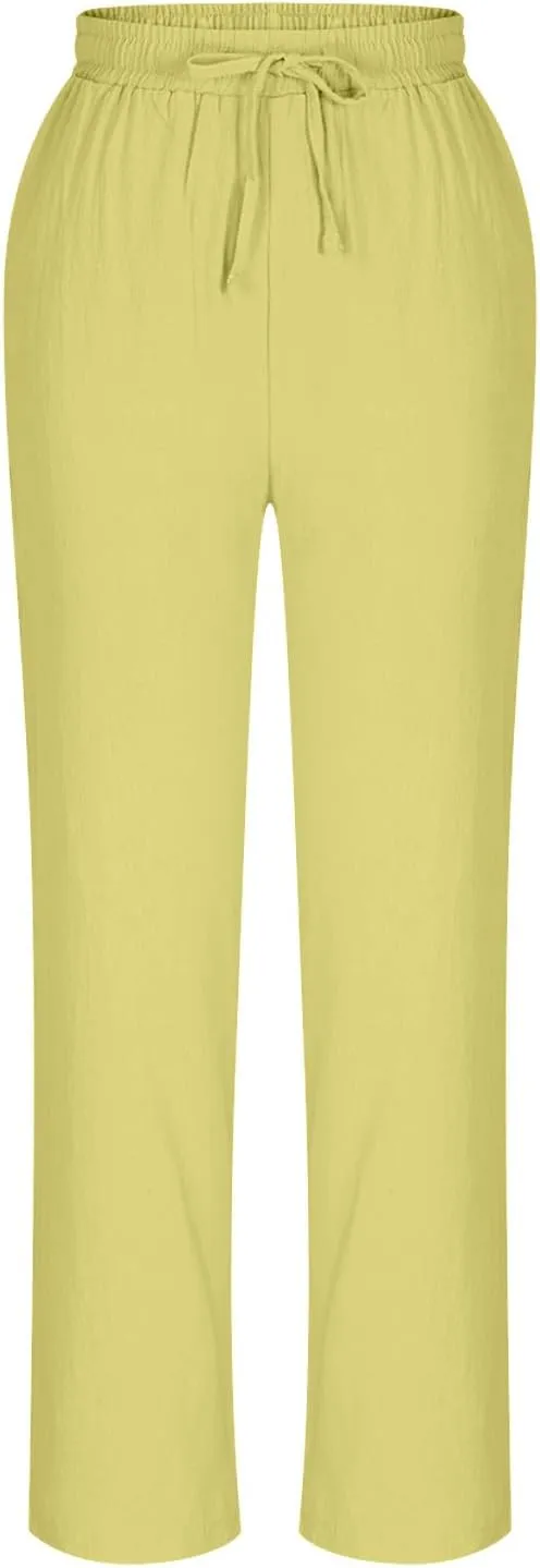 Linen Pants Women's Straight Leg Capri Pants for Women Solid Color Sweatpants for Women Elastic Waist Cropped Trousers