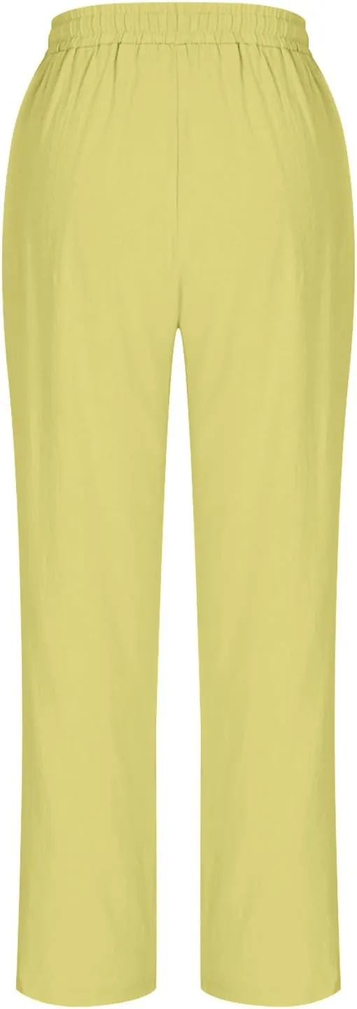 Linen Pants Women's Straight Leg Capri Pants for Women Solid Color Sweatpants for Women Elastic Waist Cropped Trousers