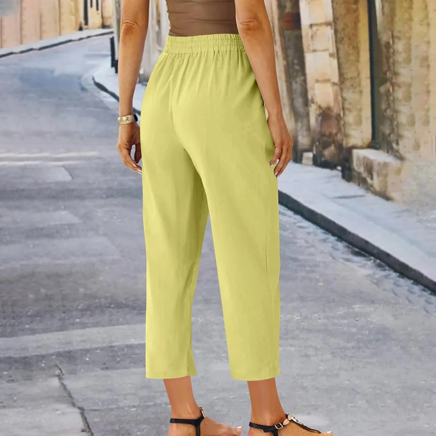 Linen Pants Women's Straight Leg Capri Pants for Women Solid Color Sweatpants for Women Elastic Waist Cropped Trousers