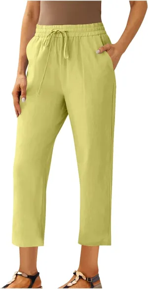 Linen Pants Women's Straight Leg Capri Pants for Women Solid Color Sweatpants for Women Elastic Waist Cropped Trousers