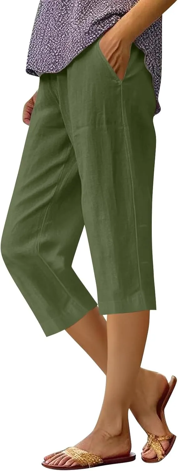 Linen Pants Women,Summer Capri Casual Drawstring Elastic Waist,Straight Wide Leg Pants Cotton Trousers with Pocket