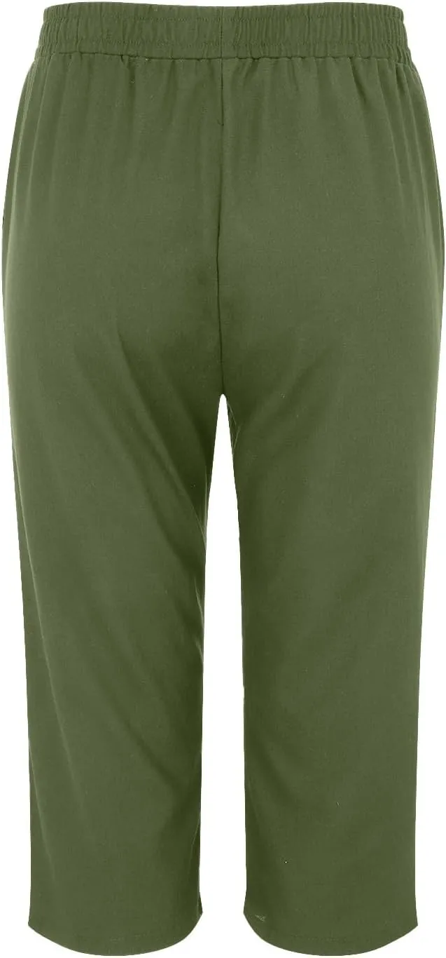 Linen Pants Women,Summer Capri Casual Drawstring Elastic Waist,Straight Wide Leg Pants Cotton Trousers with Pocket