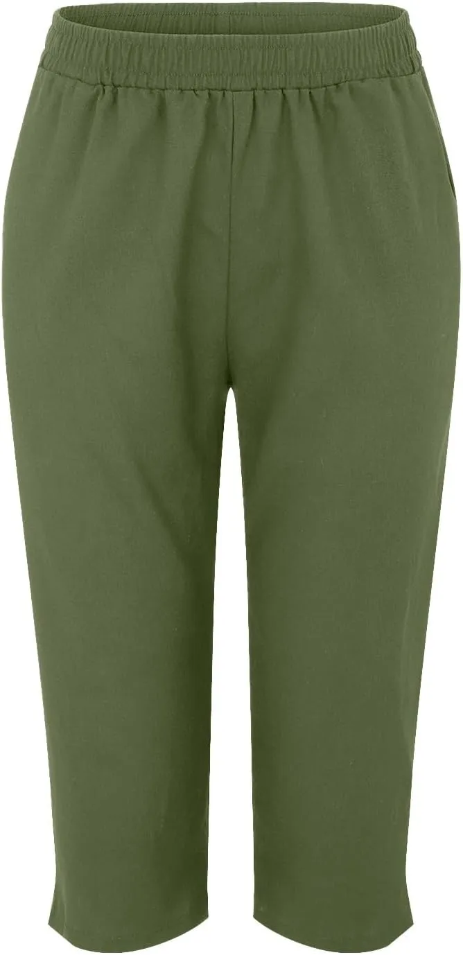 Linen Pants Women,Summer Capri Casual Drawstring Elastic Waist,Straight Wide Leg Pants Cotton Trousers with Pocket