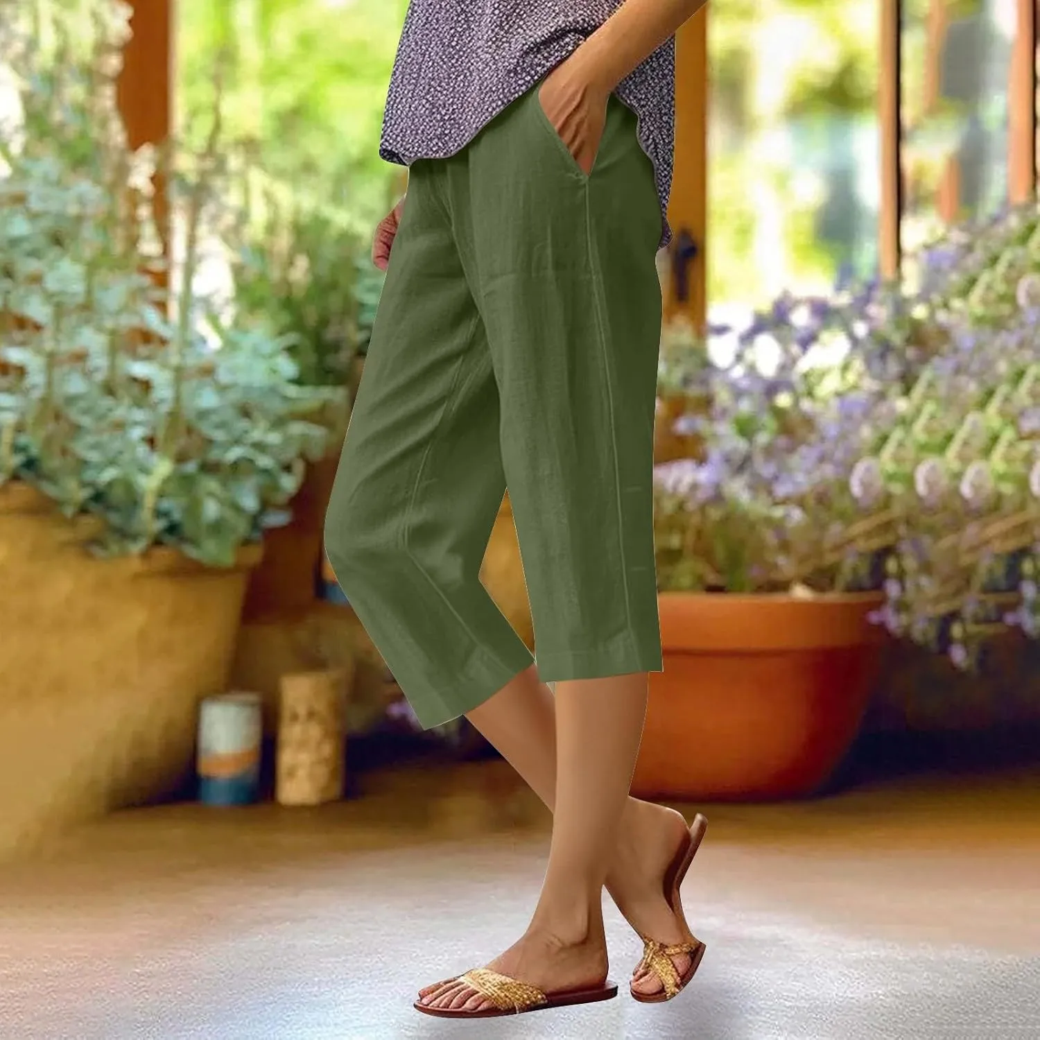 Linen Pants Women,Summer Capri Casual Drawstring Elastic Waist,Straight Wide Leg Pants Cotton Trousers with Pocket