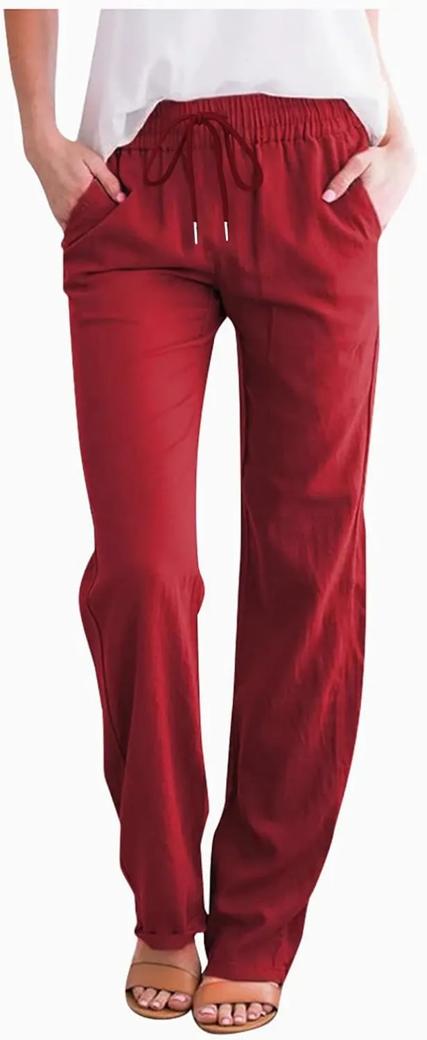 Linen Solor Pants for Women 2025 Summer Wide Leg Casual High Waisted Drawstring Pants Beach Long Lounge Trousers