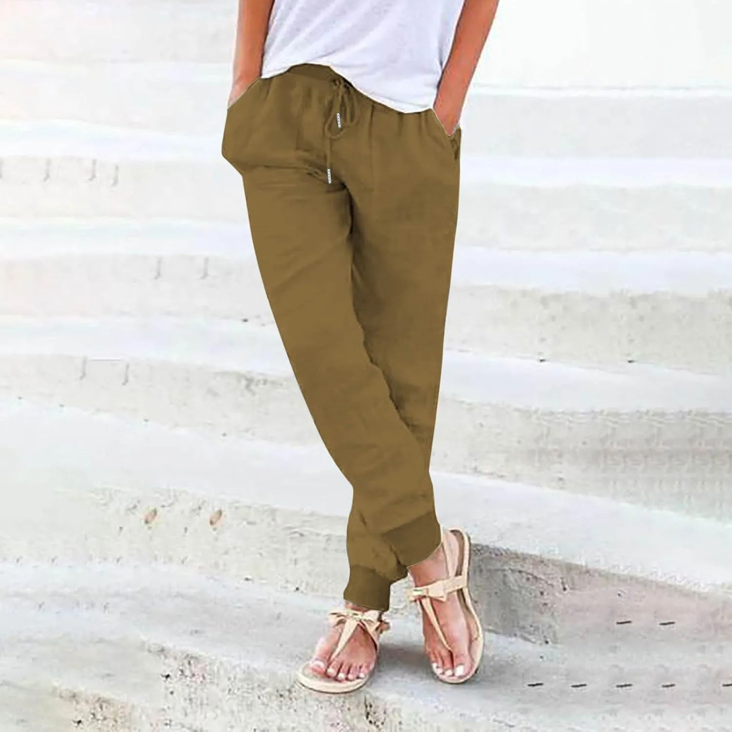 Linen Straight Leg Pants for Women 2025 Summer Work Trousers with Pockets Drawstring High Waisted Pants Casual Linen Pants