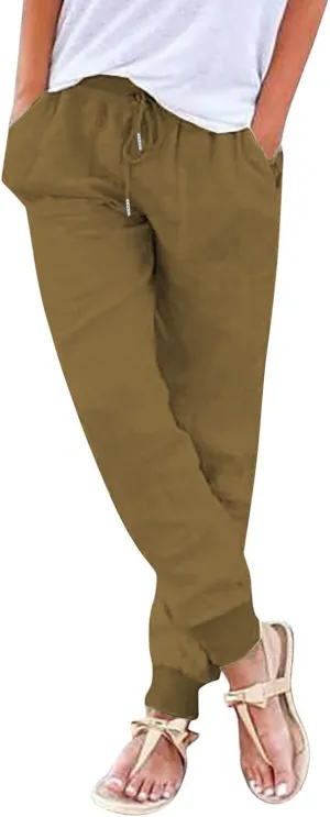Linen Straight Leg Pants for Women 2025 Summer Work Trousers with Pockets Drawstring High Waisted Pants Casual Linen Pants