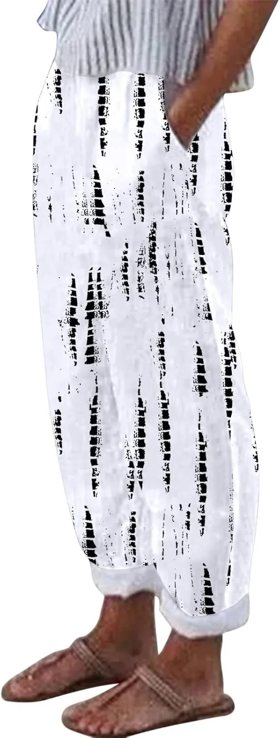 Linen Trousers Pants for Women Casual Summer Boho Straight Leg Solid Color High Waisted Linen Pants Comfy Lounge Trousers