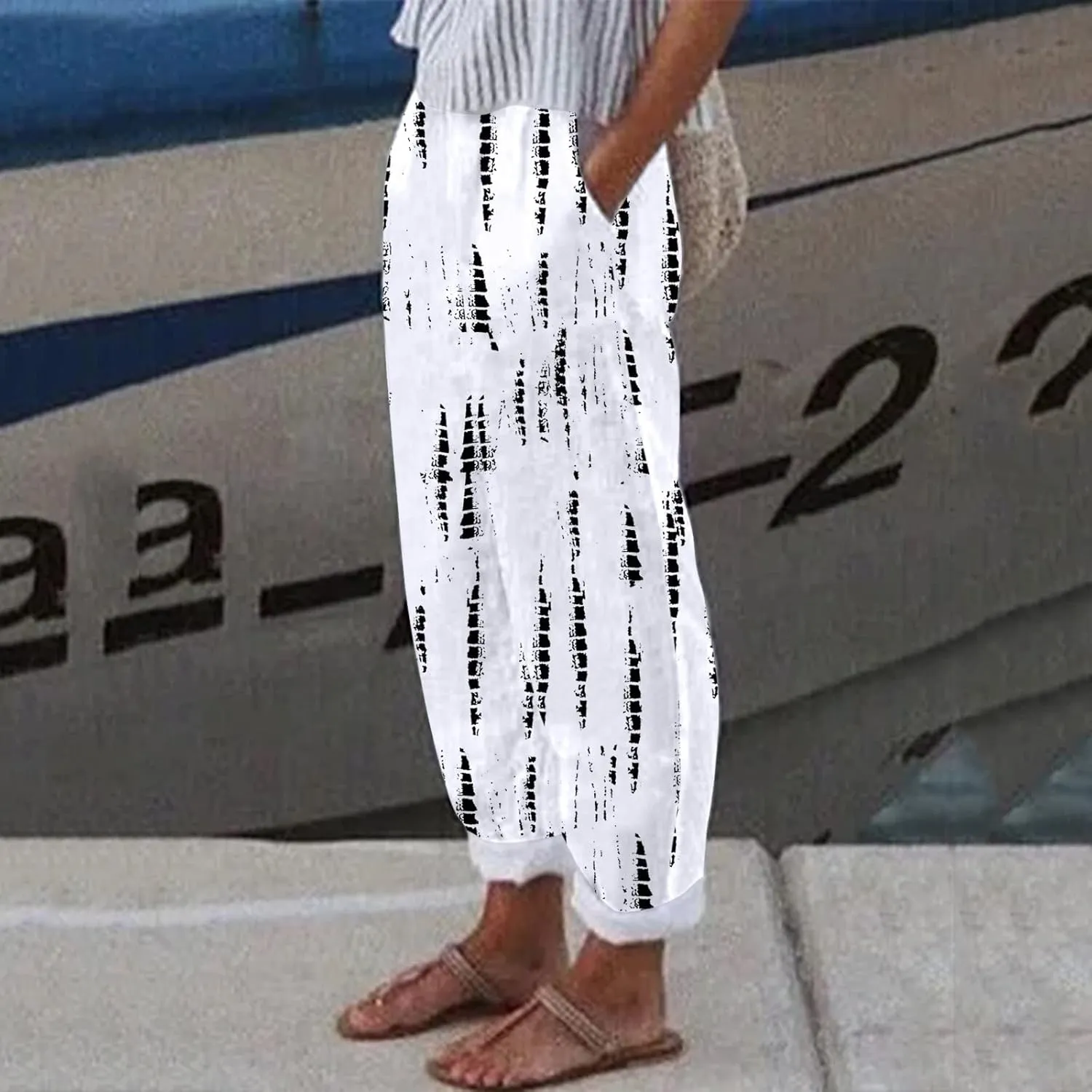Linen Trousers Pants for Women Casual Summer Boho Straight Leg Solid Color High Waisted Linen Pants Comfy Lounge Trousers