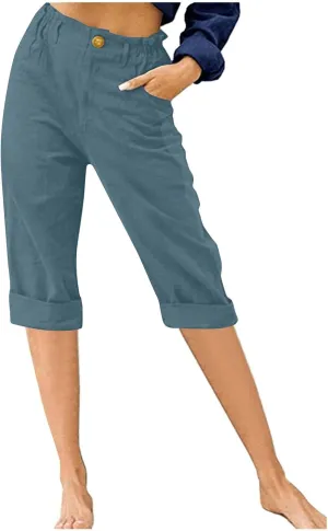 Lmdudan Women Cotton Linen Capri Pants 2025 Summer Trendy Casual Elastic Waist Cropped Trouser Beach Vacation Capris Clothes