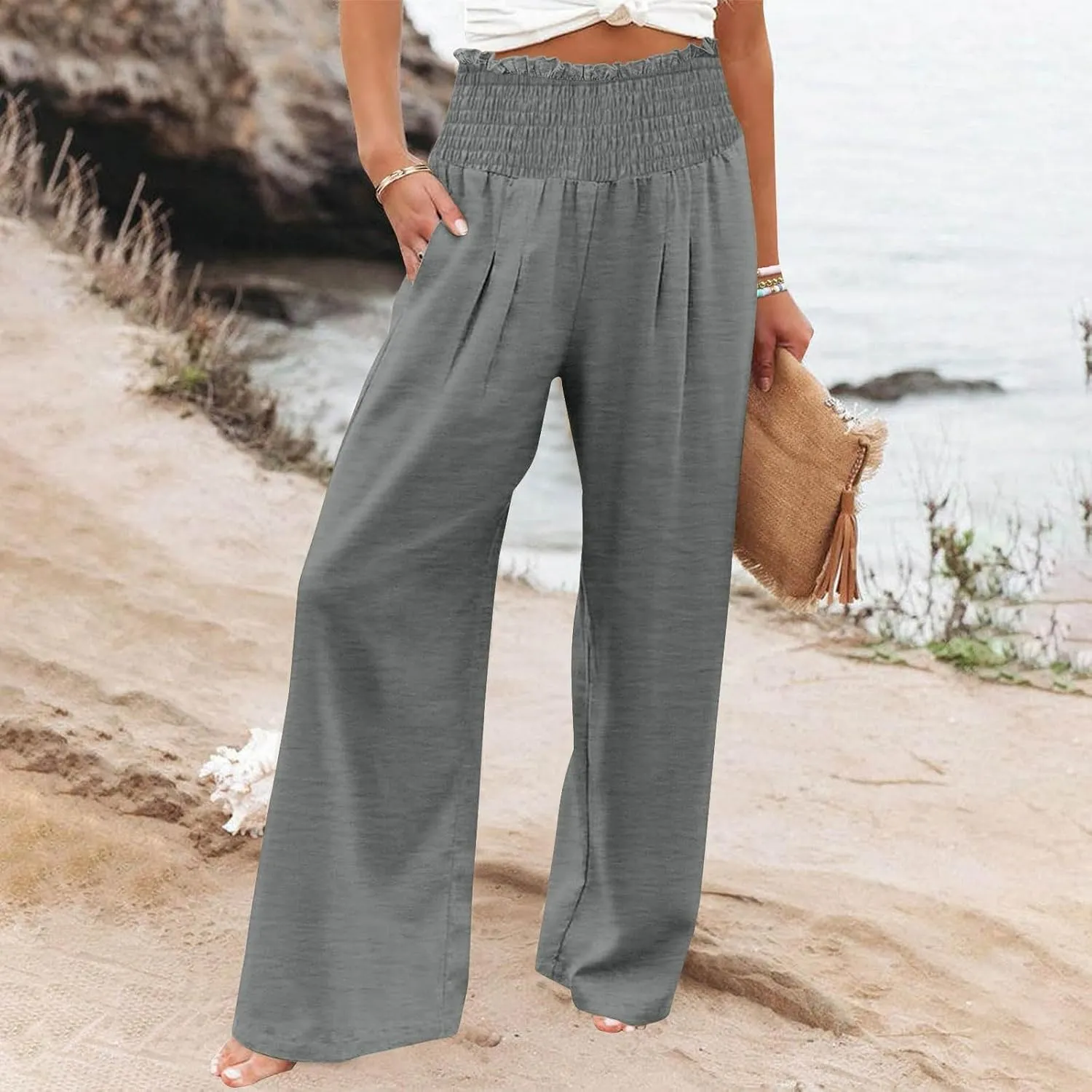 Lmdudan Womens Elastic High Waisted Palazzo Pants Casual Wide Leg Long Lounge Pant 2025 Summer Trousers with Pockets