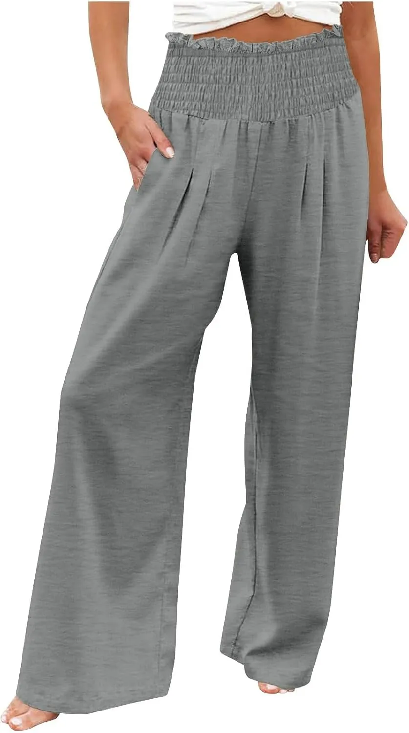 Lmdudan Womens Elastic High Waisted Palazzo Pants Casual Wide Leg Long Lounge Pant 2025 Summer Trousers with Pockets