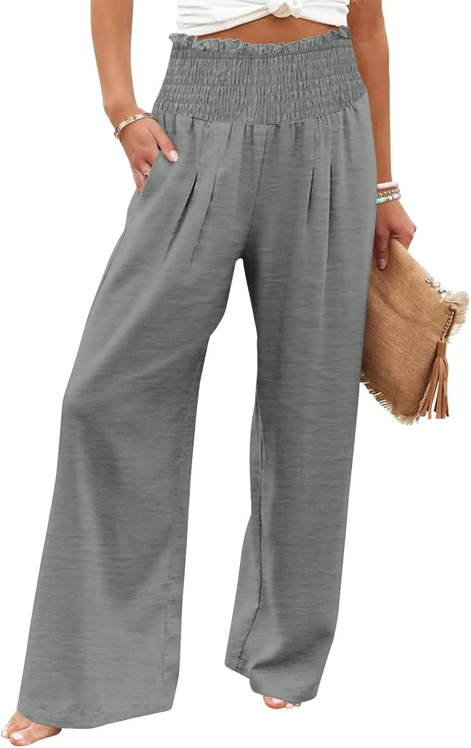 Lmdudan Womens Elastic High Waisted Palazzo Pants Casual Wide Leg Long Lounge Pant 2025 Summer Trousers with Pockets